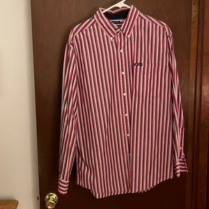 Chaps red blue black and white striped dress shirt